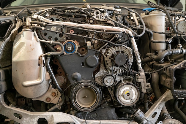 Detalhe do motor do carro desmontado para a substituição da correia dentada