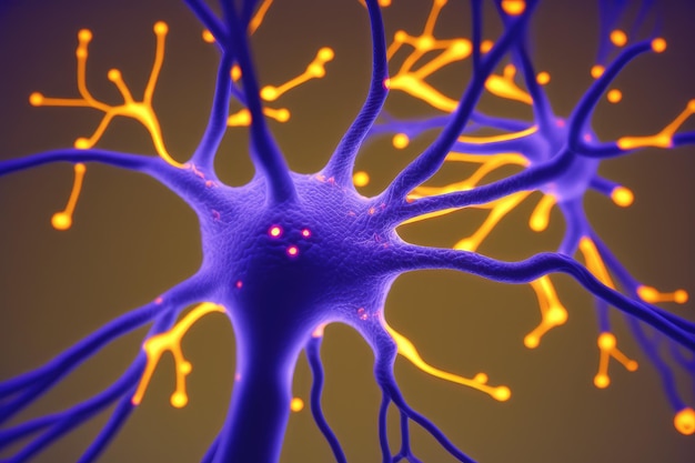 Foto detalhe do neurônio com sinapses disparando