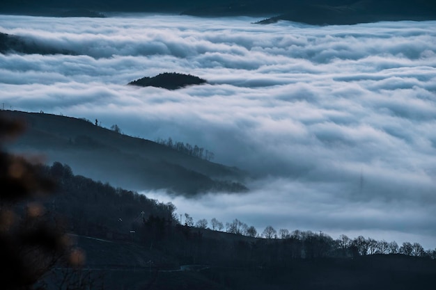 Detalhe do nevoeiro prestes a nascer ao sol no vale do País Basco Lesaka Navarra