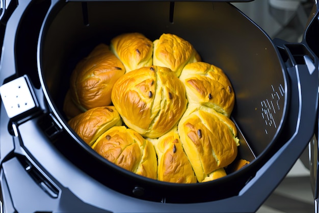 Detalhe do pão assado na fritadeira representando o conceito de uma dieta equilibrada e econômica Gerada por IA