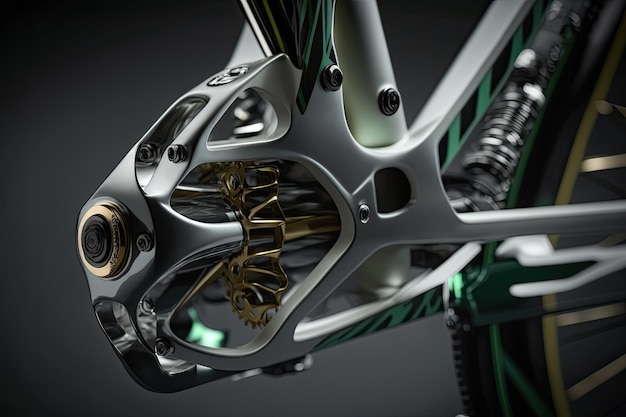 Detalhe do quadro elegante e aerodinâmico de bicicletas cruzadas com sistema de suspensão e deslocamento visível