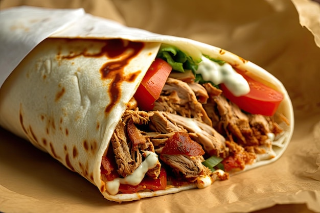 Detalhe do sanduíche shawarma com frango suculento e molho picante visível criado com ai generativo