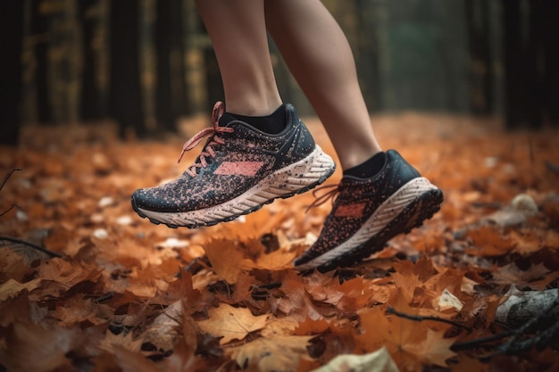 Foto detalhe do tênis de corrida feminino afundando em solo macio na trilha da floresta