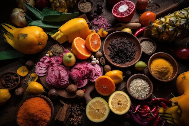 Detalhe dos ingredientes vibrantes usados na culinária colombiana, incluindo frutas tropicais e especiarias