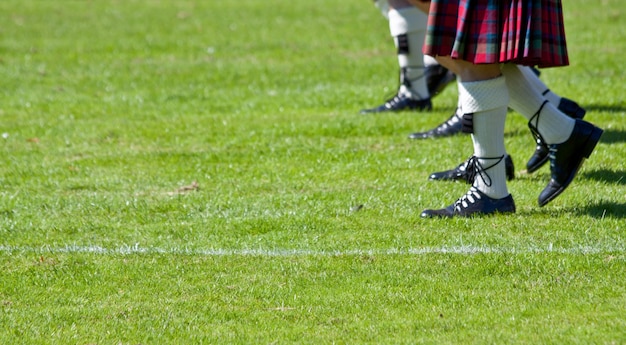 Detalhe dos kilts escoceses originais, durante os jogos das highlands