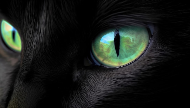 Detalhe dos olhos verdes de um gato preto