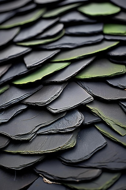 Detalhe em close de um telhado feito de telhas de ardósia preta com tonalidade verde