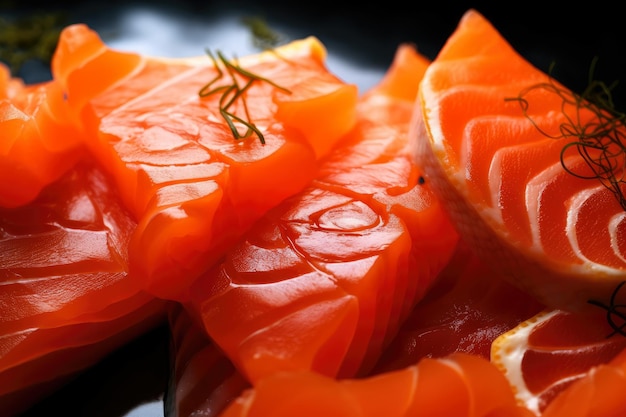 Detalhe extremo de fatias suculentas de sashimi de salmão com tons vibrantes de laranja