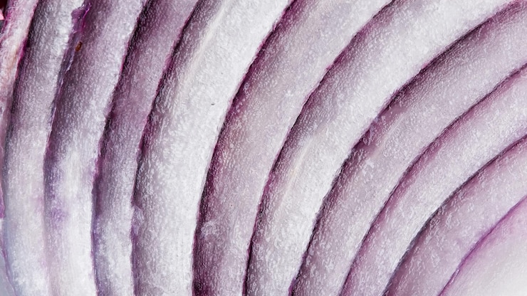 Foto detalhe macro da seção de corte de cebola vermelha
