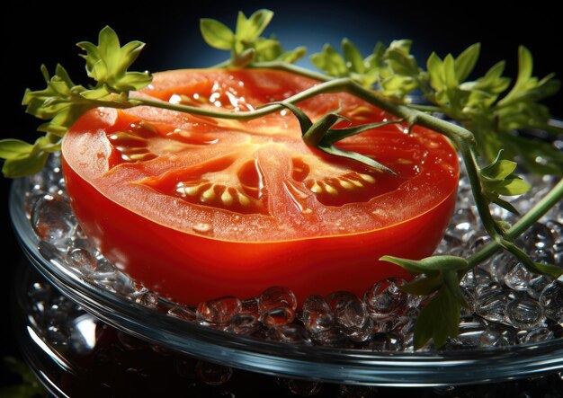 Detalhe macro de tomates frescos fatiados em um fundo refletor brilhante com salpicos de gelo de água