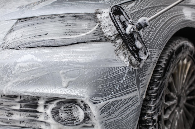 Detalhe na frente do carro coberto com espuma de sabão, lavado com escova no lava-jato.