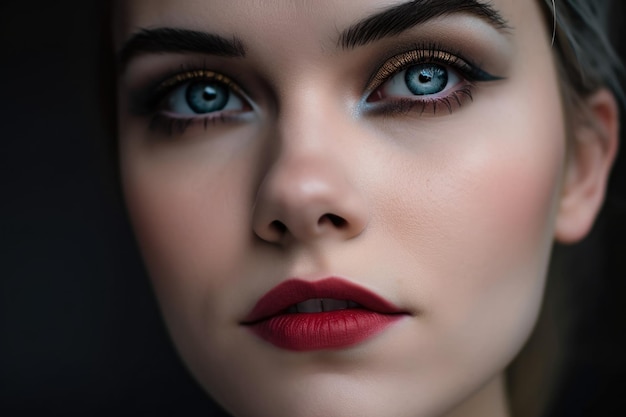 Detalhe radiante dos olhos cinzentos de uma mulher com sobrancelhas ousadas e batom