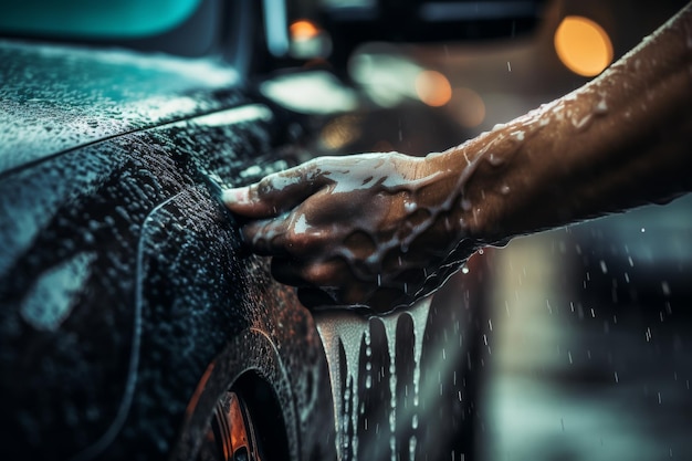 Detalheiro profissional de automóveis lavando e polindo um veículo na lavandaria de automóveis