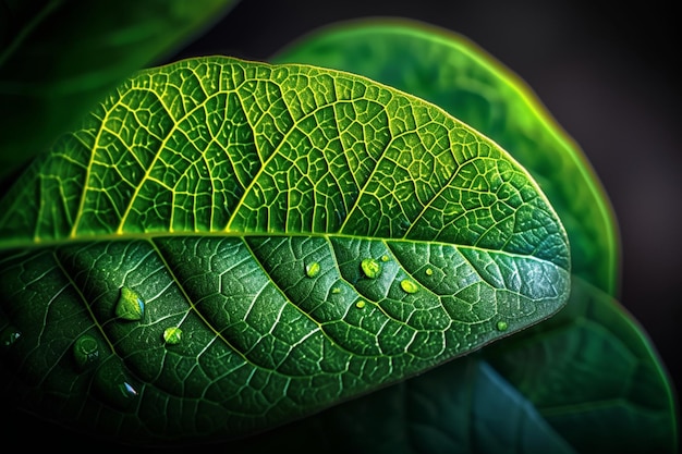 Detalhes da natureza Vibrante folha verde veia fresca gota ramo escuro.