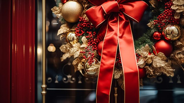 Detalhes de decoração de Natal em estilo inglês de luxo na rua principal da cidade porta de loja ou vitrine de compras exibição de venda de férias e decoração de loja