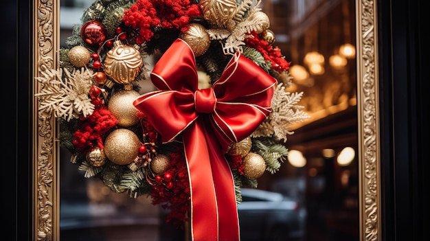 Detalhes de decoração de Natal em estilo inglês de luxo na rua principal da cidade porta de loja ou vitrine de compras exibição de venda de férias e inspiração de decoração de loja