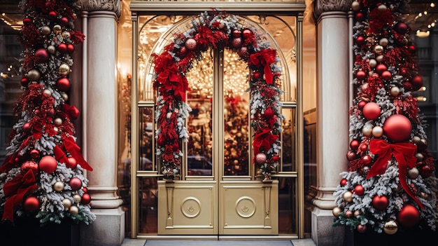 Detalhes de decoração de Natal em portas de lojas de luxo em estilo inglês em ruas altas ou vitrines de compras, venda de feriados e inspiração de decoração de lojas