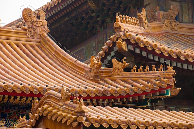 Detalhes de fachadas e telhados, Cidade Proibida em Pequim. Palácio Imperial na China.