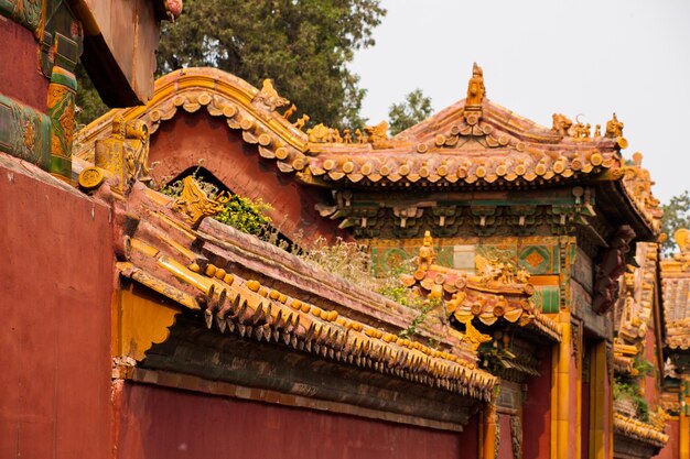 Detalhes de fachadas e telhados, Cidade Proibida em Pequim. Palácio Imperial na China.