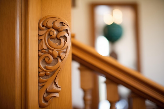 Detalhes de madeira esculpida no trilho da escada