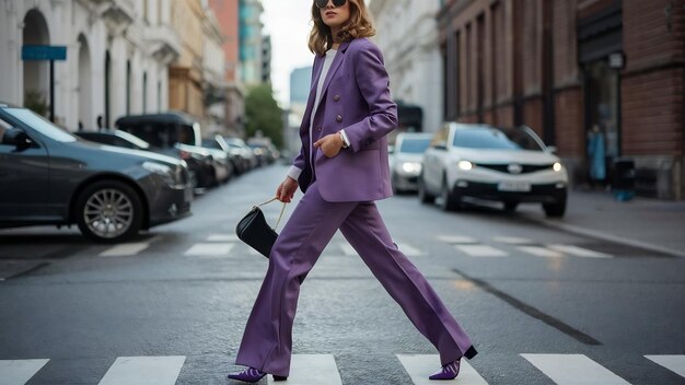 Detalhes de moda de uma mulher elegante de terno roxo caminhando na rua da cidade primavera verão autu