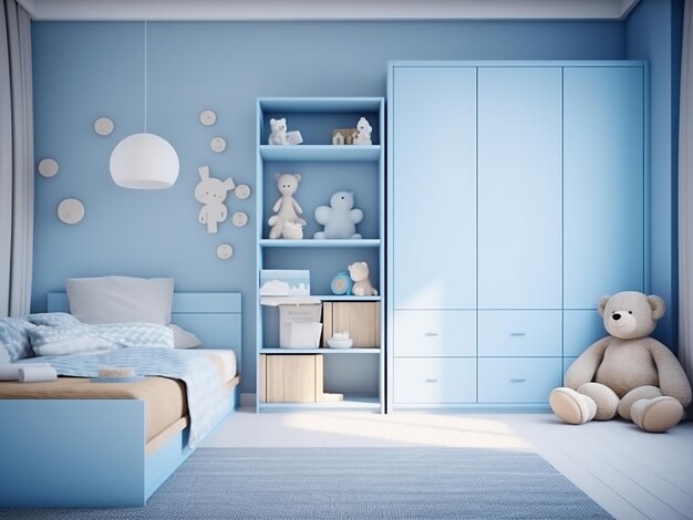 Detalhes de móveis em um charmoso quarto infantil azul AI Generation
