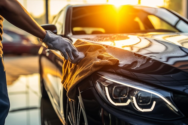 Foto detalhes do carro e limpeza à mão e toalha de microfibra polir o exterior do carro com brilho do carro p