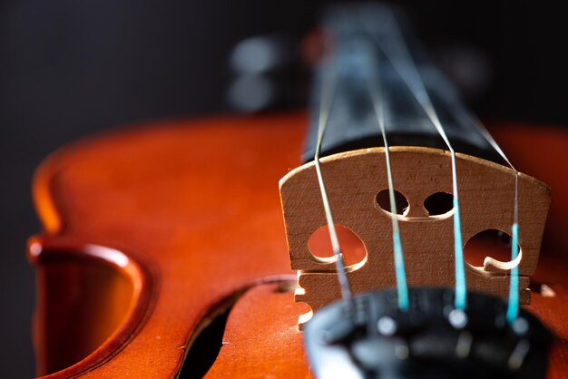 Detalhes do violino de um belo violino em madeira rústica, foto de baixo estilo, fundo preto, foco seletivo