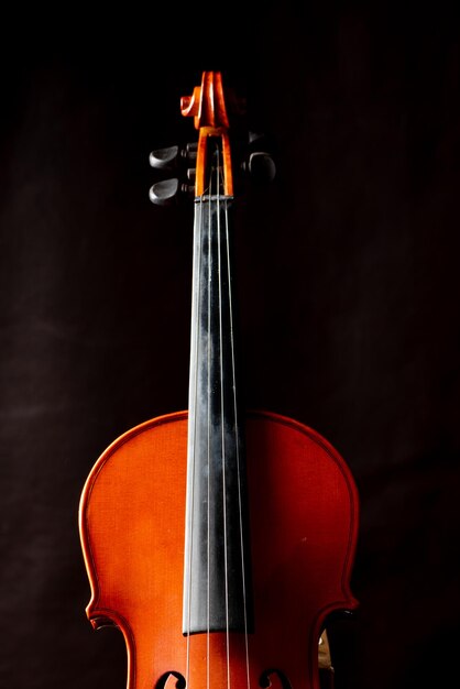 Detalhes do violino de um belo violino em madeira rústica, foto de baixo estilo, fundo preto, foco seletivo