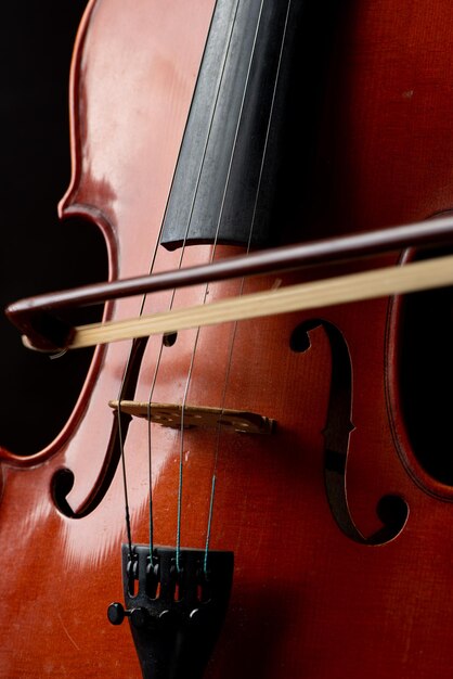 Detalhes do violino de um belo violino em madeira rústica, foto de baixo estilo, fundo preto, foco seletivo