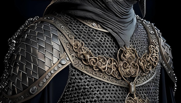 Detalhes intrincados da cota de malha Closeup da armadura de um cavaleiro medieval