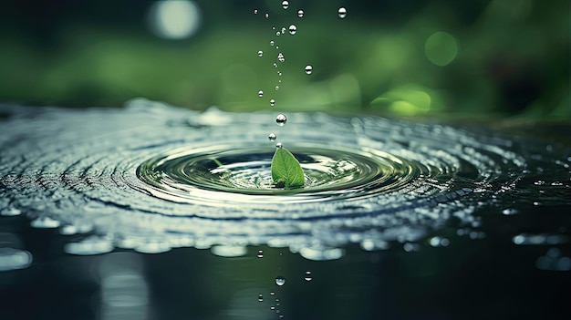 Detalhes intrincados de uma gota de chuva caindo em uma lagoa