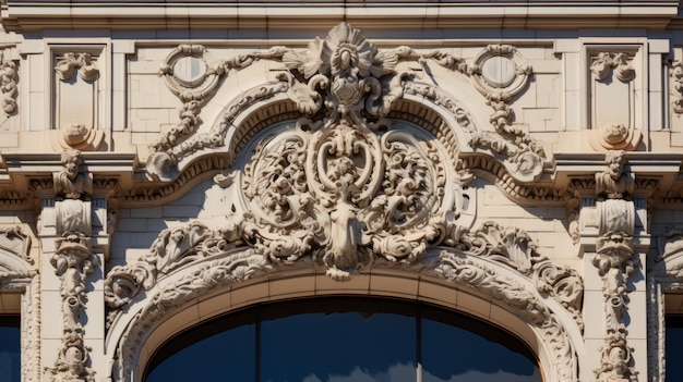 Detalhes ornamentados na fachada de um teatro clássico