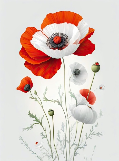 Foto detallada acuarela realista de flor de amapola blanca y roja ilustración floral