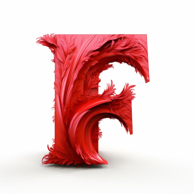Detallado 3d letra roja F con renderización de plumas y formaciones fluidas