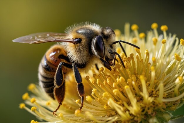 Detallado de la abeja en una flor amarilla