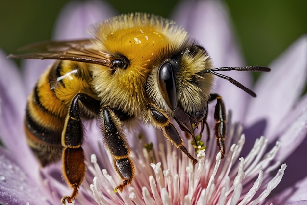 Detallado de la abeja en una flor amarilla