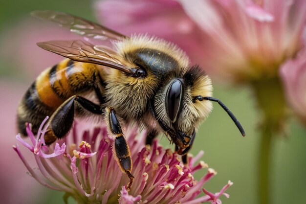 Detallado de la abeja en una flor amarilla