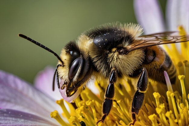 Detallado de la abeja en una flor amarilla