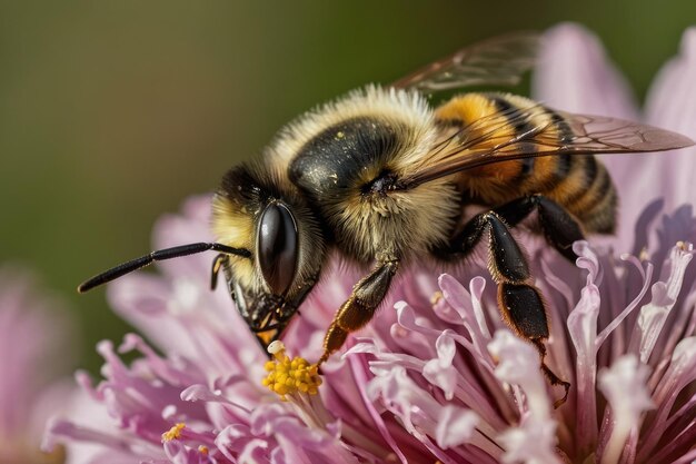 Detallado de la abeja en una flor amarilla