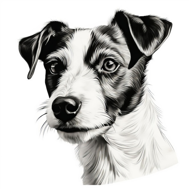 Foto detallado arte fotorrealista con estencil de jack russell terrier en blanco y negro