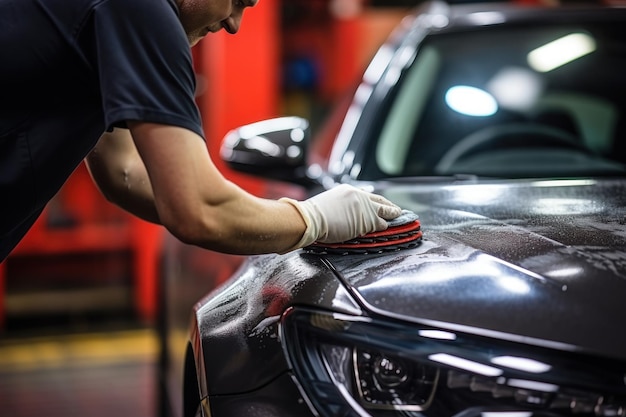 Detallado de automóviles Manos con pulidora orbital en taller de reparación de automóviles IA generativa