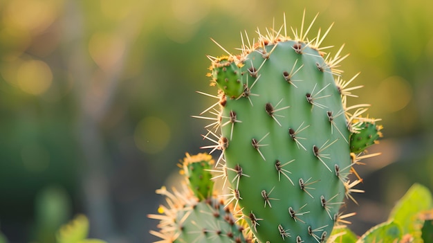 Foto detallado cactus de pera espinosa en la luz del sol de color verde vibrante contra el fondo de enfoque suave de op