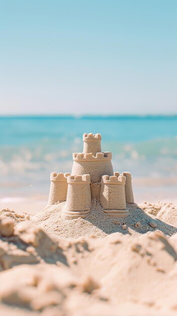 Foto detallado castillo de arena en una playa soleada