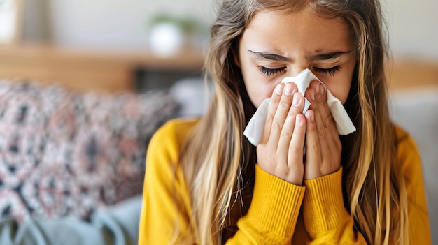 Foto detallado de cerca de una joven enferma soplando la nariz en un tejido enfatizando la enfermedad