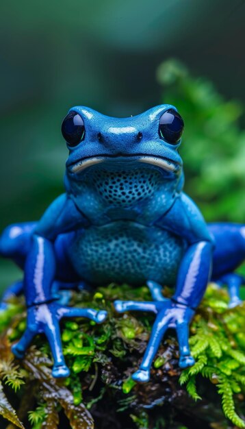 Foto detallado de cerca de una rana dardo azureo dendrobates tinctorius descansando en un exuberante musgo verde