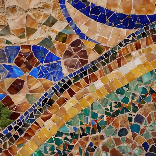 Foto detallado fragmento de ornamento de mosaico multicolor del parque guell barcelona creación de antonio gaudí