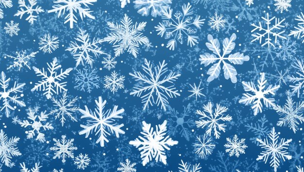 Detallado patrón de copos de nieve de invierno sobre un fondo azul oscuro