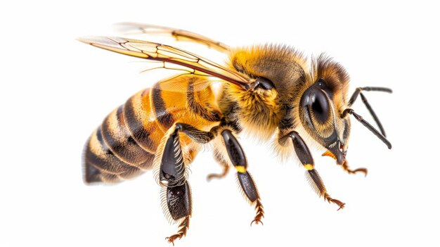 Foto detalle de la abeja o abeja melífera en latín apis mellifera abeja de miel europea o occidental aislada en el fondo blanco