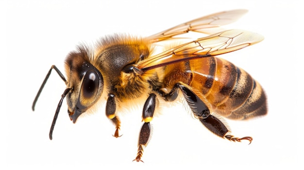 Foto detalle de la abeja o abeja melífera en latín apis mellifera abeja de miel europea o occidental aislada en el fondo blanco